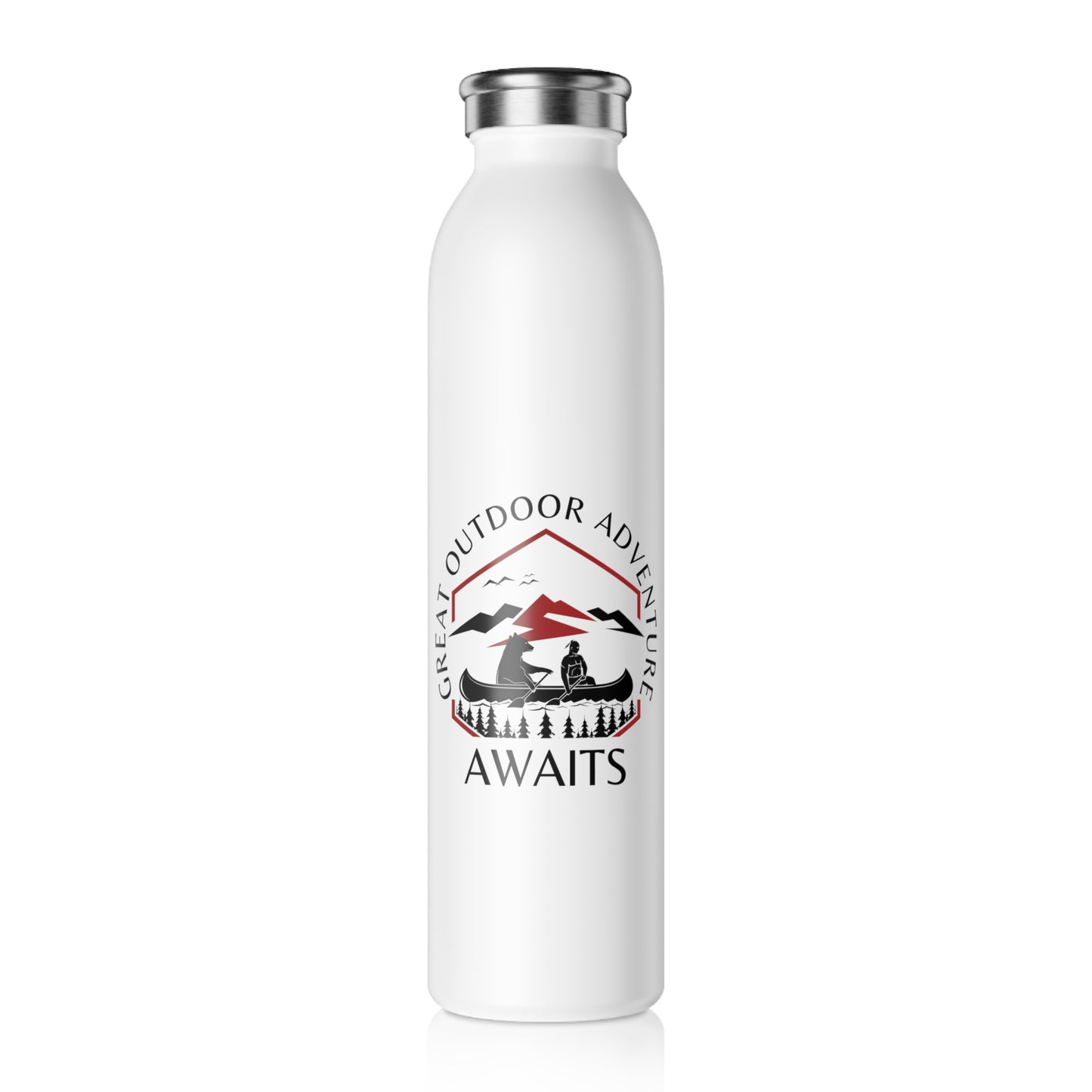 Great Canoe with Bear Adventure Awaits Slim Water Bottle [Let the Thrill begin!] [20 oz]