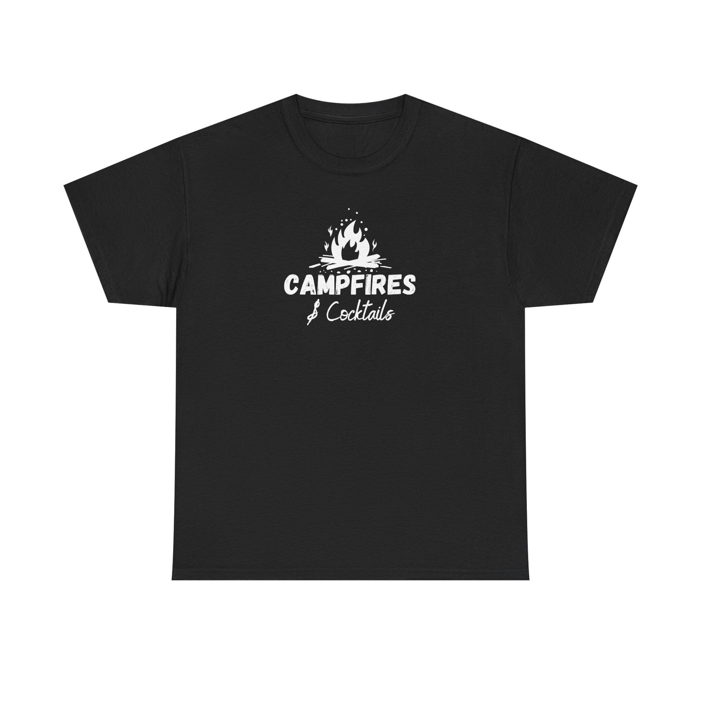 Black t-shirt with 'Campfires & Cocktails' text