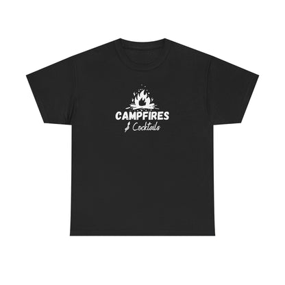 Black t-shirt with 'Campfires & Cocktails' text