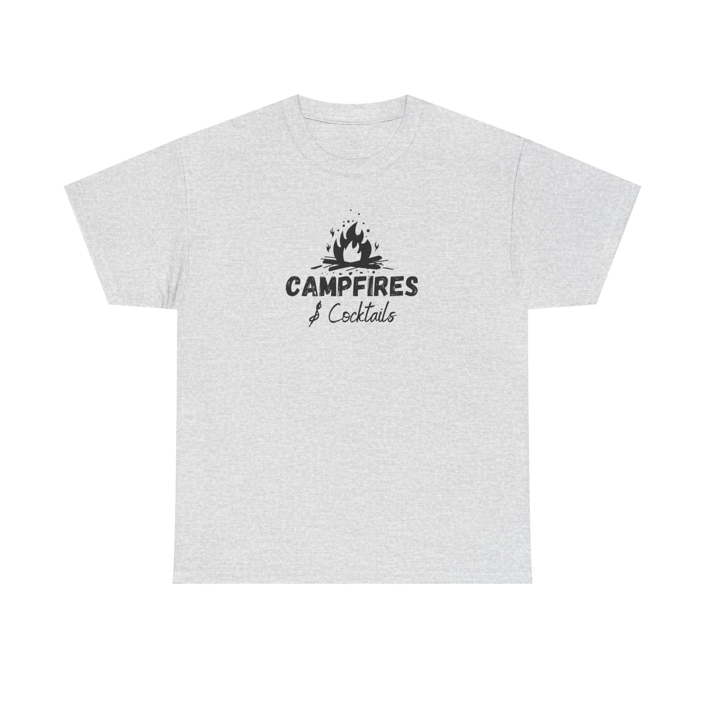 Gray t-shirt with 'Campfires & Cocktails' text