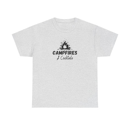 Gray t-shirt with 'Campfires & Cocktails' text