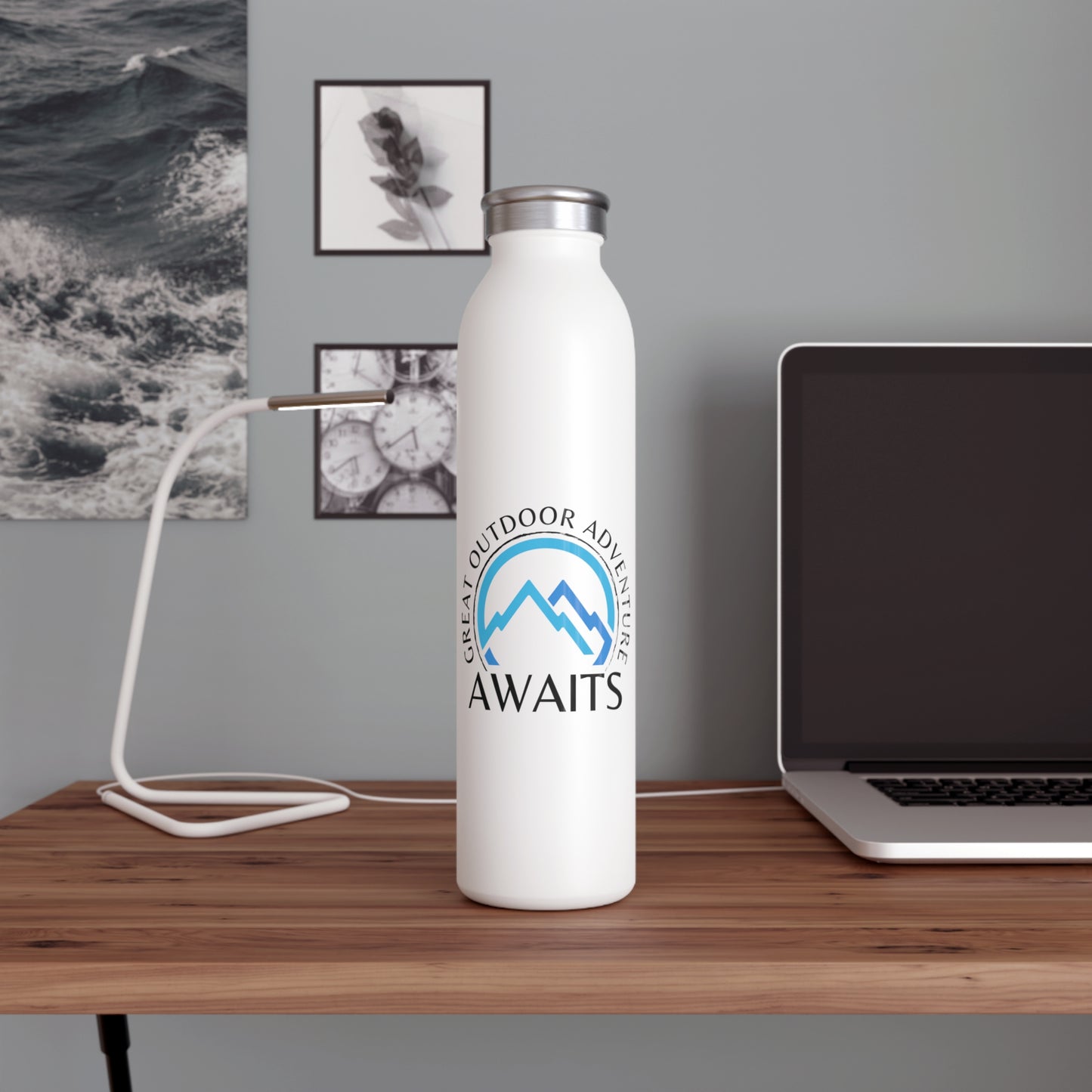Great Outdoor Mountain Adventure Awaits Slim Water Bottle [Let the Thrill begin!] [20 oz]