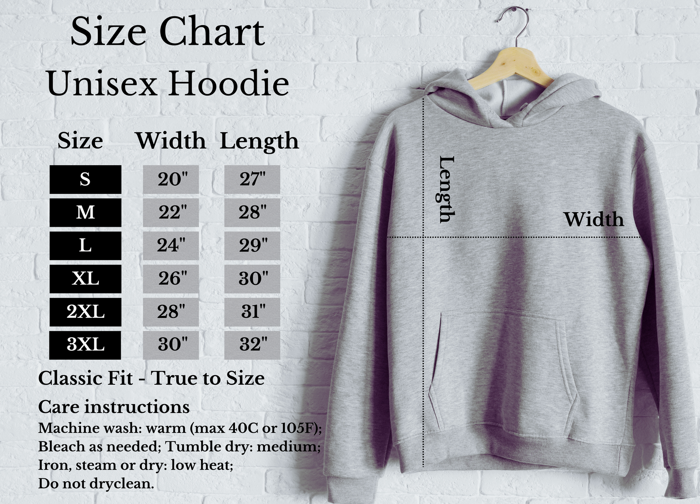Unisex Hoodie size conversion chart