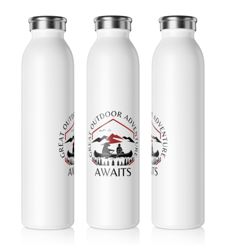 Great Canoe with Bear Adventure Awaits Slim Water Bottle [Let the Thrill begin!] [20 oz]