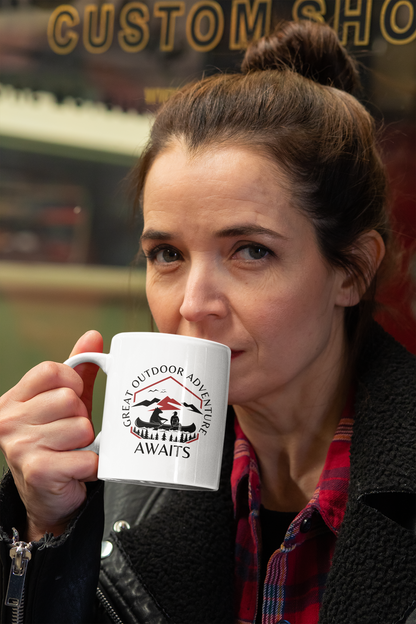 Adventure Awaits Sign White Coffee Mug