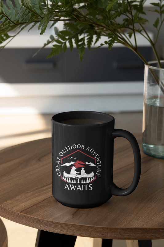 Great Canoe with Bear Adventure Awaits [Let the Thrill begin!] Black Mug [15oz]