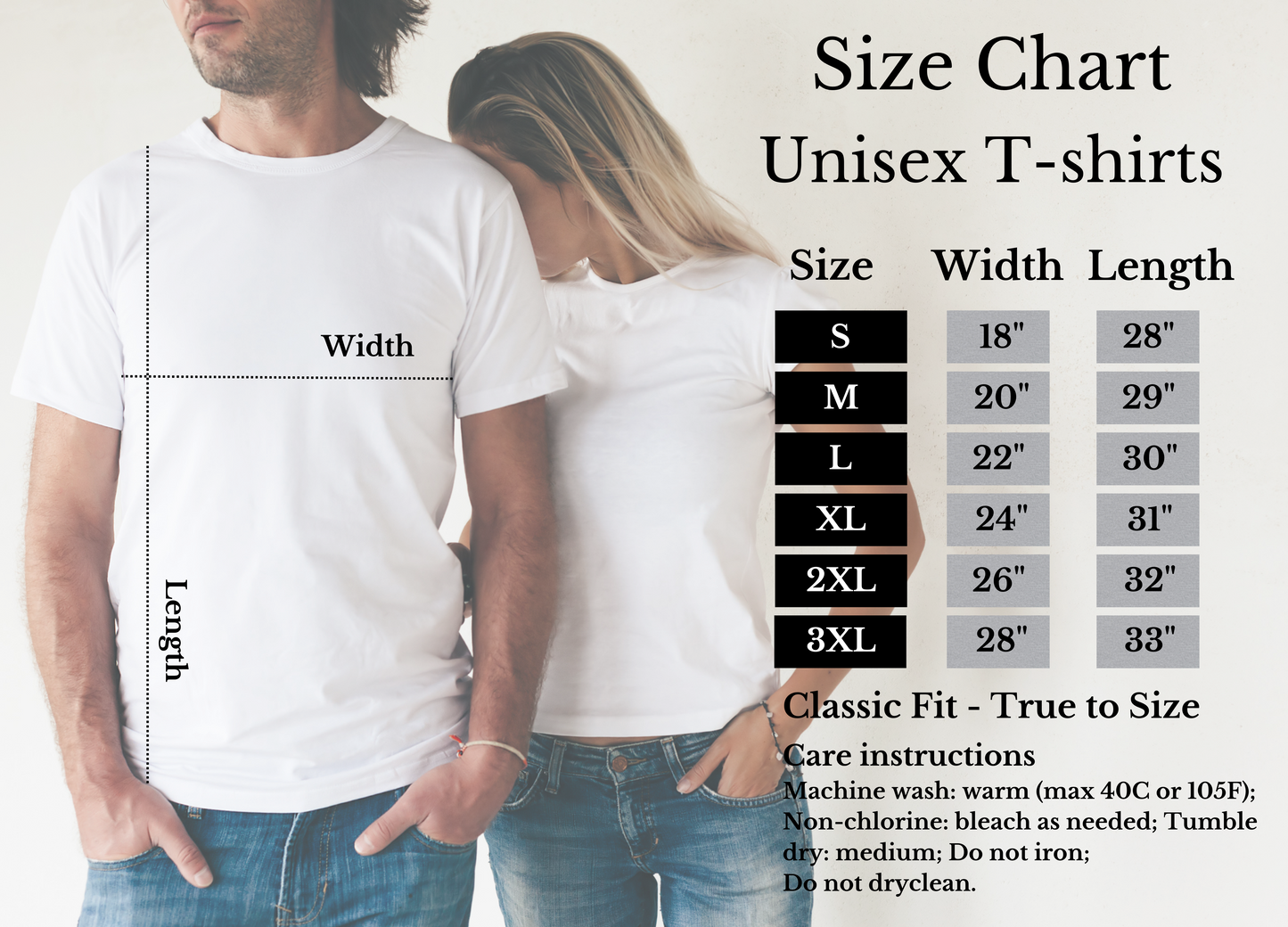 Unisex T-Shirt size conversion chart