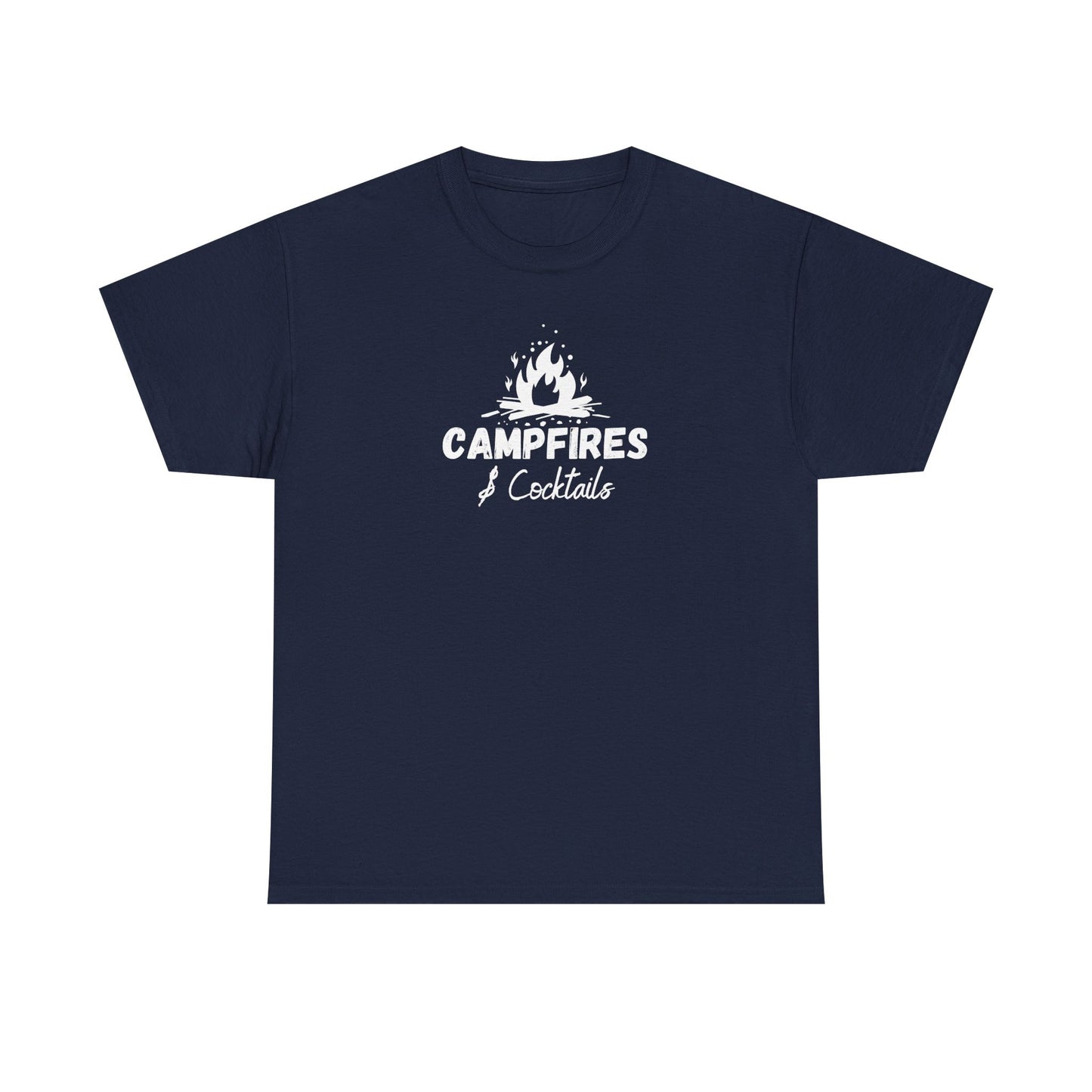 Navy blue t-shirt with 'Campfires & Cocktails' text