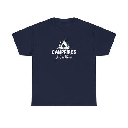 Navy blue t-shirt with 'Campfires & Cocktails' text